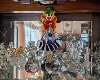 Large Murano glass clown, Baccarat, Waterford, clear blown glass ornaments 