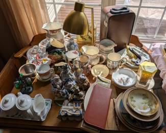 Toby Jugs, Art Pottery, Louisville Stoneware Holiday figures, vintage traveling bar.