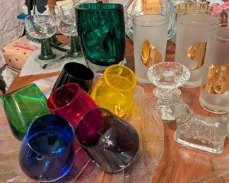 Jewel roly poly glasses, Block vase, beehive Rhine Wine glasses in holder, Encounters seashell glasses.