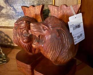 Carved Wooden Lion Bookends 