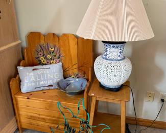 Small Wooden Bench, Wooden Side Table, Decorative Lamp