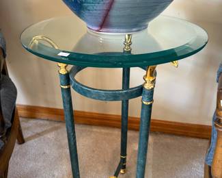 Vintage Glass Top Side Table, Pottery Bowl 