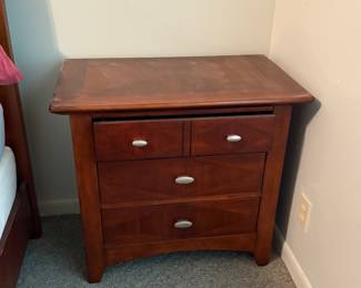 Kathy Ireland Home light cherry brown wood queen bedroom set for sale.  Must go this Thursday/Friday. Make your best offer.   Set includes queen bed with headboard, footboard, rails, foundation, dresser, mirror and one nightstand.    Dresser 5 ft L x 19in D x 42 un H Nightstand  30 in L x 18 in D x 27 in H  If you need a mattress we have an almost new Nectar mattress also for sale.    Beautiful Kathy Ireland Home queen bedroom set in excellent, like-new condition.  Includes: • Queen bed (headboard, footboard, rails) • Dresser with mirror • 1 nightstand • Box spring  No major scratches or damage. From a clean, smoke-free home.