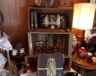 VINTAGE BIBLE, BRASS CANDLE STICKS, HUMMELS, COFFEE GRINDER