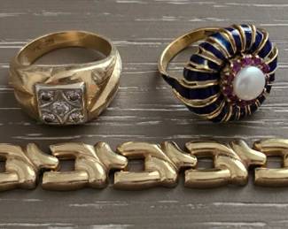 14k Gold bracelet, 18k gold men's diamond ring, 18k gold enamel ruby & pearl ring 