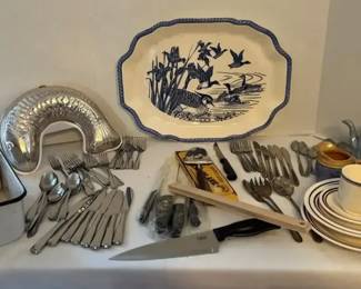 Duck Ceramic Platter, Roger Co. Utensils,Tea Set, Ekco Knives