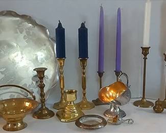 Brass Candle Sticks And Silver Toned Decor