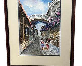 Signed  Mexican Village Watercolor