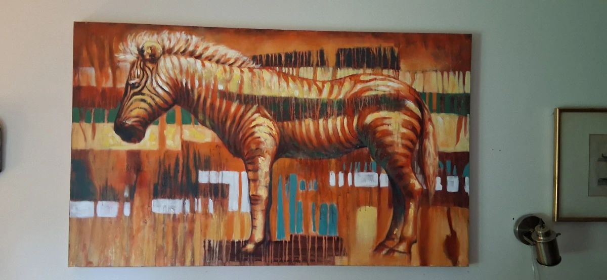 canvas painting, featuring a stylized zebra against a warm, abstract background