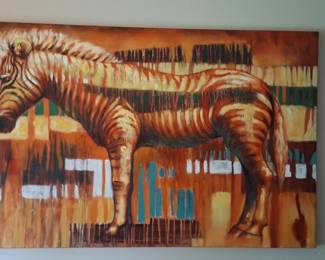 canvas painting, featuring a stylized zebra against a warm, abstract background