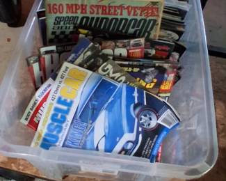large collection of vintage automotive magazines, including titles like MuscleCar, Hot Rod, and Speed and Sound