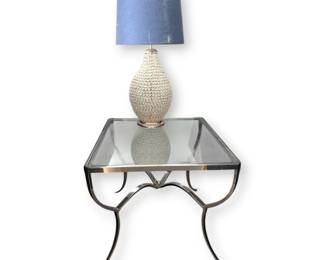 Silver Table with Glass Topper and Glass Beaded Lamp