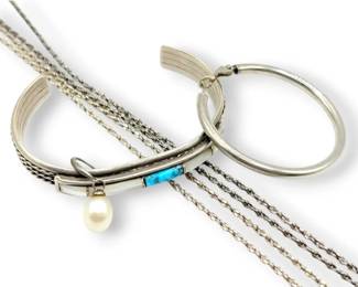 Two 24 Sterling Silver Chains, Turquoise Bracelet, And Single Earrings 33g Total