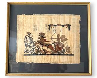 Framed Egyptian Papyrus Art of Chariot Hunting Scene