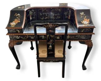 Chinoiserie Black Lacquer Writing Desk  Chair