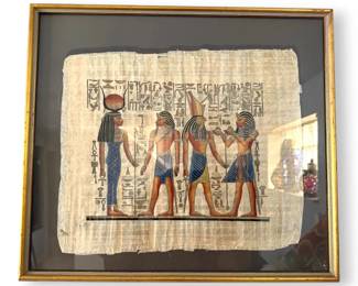 Framed Egyptian Papyrus Art of Pharaoh Horemheb, Goddess Isis, and God Horus
