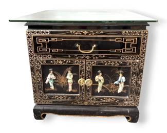 Chinoiserie Black Lacquer End Table w Glass Top