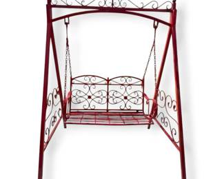 Red Outdoor Metal Garden Swing with Scroll Design