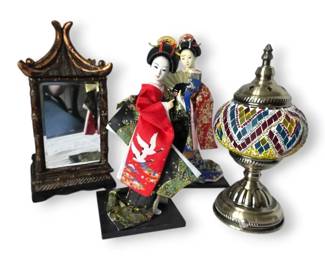 Asian Geisha Figurines, Mirrored Pagoda Box,  More