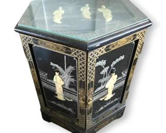 Chinoiserie Hexagon Shape End Table w Glass Top