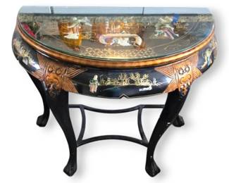 Chinoiserie Half Moon Console Table w Glass Top