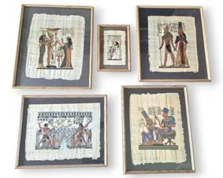 5 Egyptian Papyrus Paintings In Gold Frames