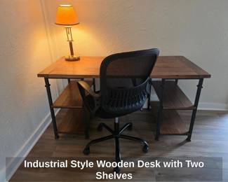 Industrial Style Wooden Desk with Two Shelves