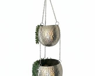 Hammered Metal Spherical Hanging Planter Set with Faux String of Pearls