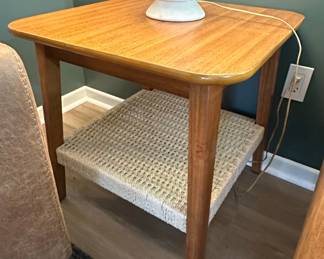 Mid-Century Modern Style Walnut End Table with Woven Shelf