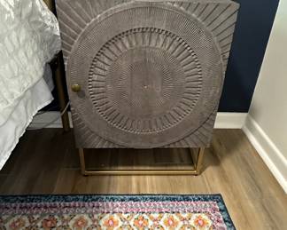 Wood Nightstand with Sunburst Pattern and Gold Metal Base