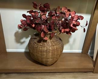 Woven Basket Vase with Faux Burgundy Eucalyptus