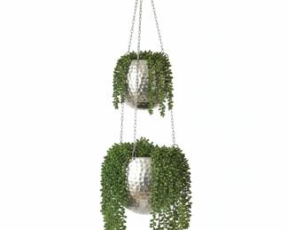 Hammered Metal Spherical Hanging Planter Set with Faux String of Pearls