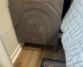 Wood Nightstand with Sunburst Pattern and Gold Metal Base