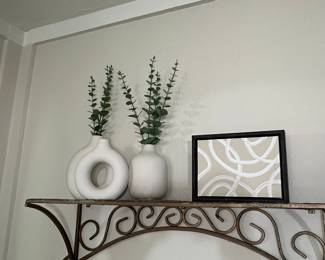 Modern Abstract Ceramic Vases with Faux Eucalyptus and Framed Art