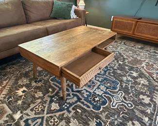 Edloe Finch Quinn Mid-Century Modern Mango Wood Coffee Table with Carved Drawer