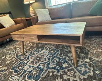 Edloe Finch Quinn Mid-Century Modern Mango Wood Coffee Table with Carved Drawer
