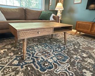 Edloe Finch Quinn Mid-Century Modern Mango Wood Coffee Table with Carved Drawer