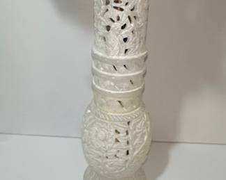 Carved Alabaster Vase with Dried Floral Arrangement