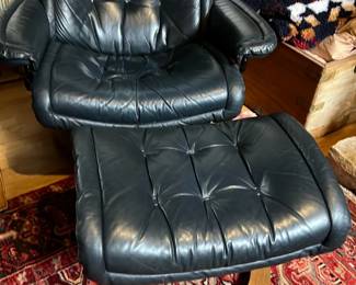 Dark blue Leather Recliner with Ottoman