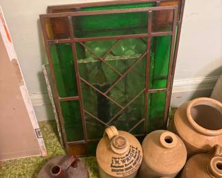 . . . great collection of stoneware -- many with advertising -- and lead glass windows!