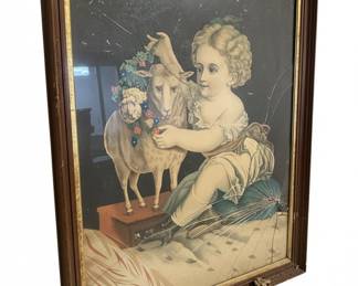 Victorian Lithograph Print by Louis Prang of a Child with a Lamb