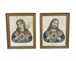 Set of Two 19th Century Sacred Heart of Jesus and Immaculate Heart of Mary Lithographs by L. Turgis & Fils