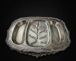 Vintage Silver Plate Meat Serving Platter with Carving Well, possibly Chippendale pattern