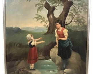 Oil Painting of Two Girls by a Stream, Attributed to Johann Georg Meyer von Bremen