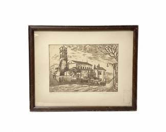 Etching of a European Town Square with Church