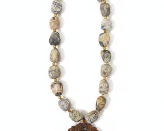 Carved Jade 'Shou' Pendant Necklace with Crazy Lace Agate Beads