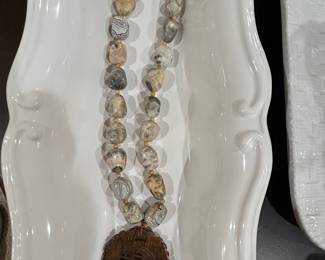 Carved Jade 'Shou' Pendant Necklace with Crazy Lace Agate Beads