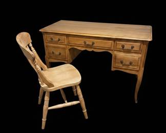 Vintage Light Oak Vanity Desk with Mirror and Chair - Ethan Allen Style