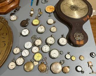 Collection of Pocket Watches, Barometer, and Large Dial Clock