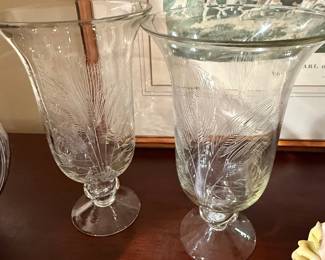 Set of Two Etched Glass Hurricane Vases with Wheat Stalks